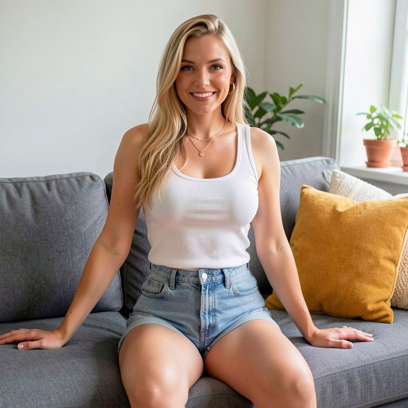 Smiling blonde woman in casual summer wear sits on a grey couch in a sunlit living room