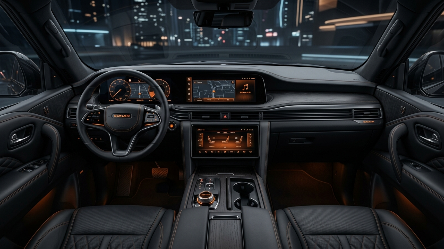 Luxury SUV interior with warm orange dashboard lighting overlooking a glowing night city skyline