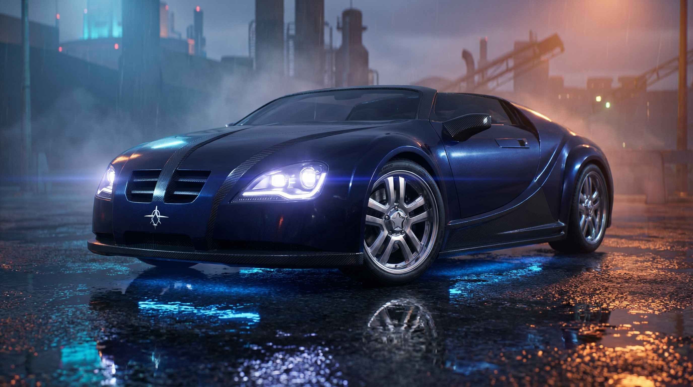 Glossy dark blue concept supercar parked on rain-slicked pavement in a foggy industrial district