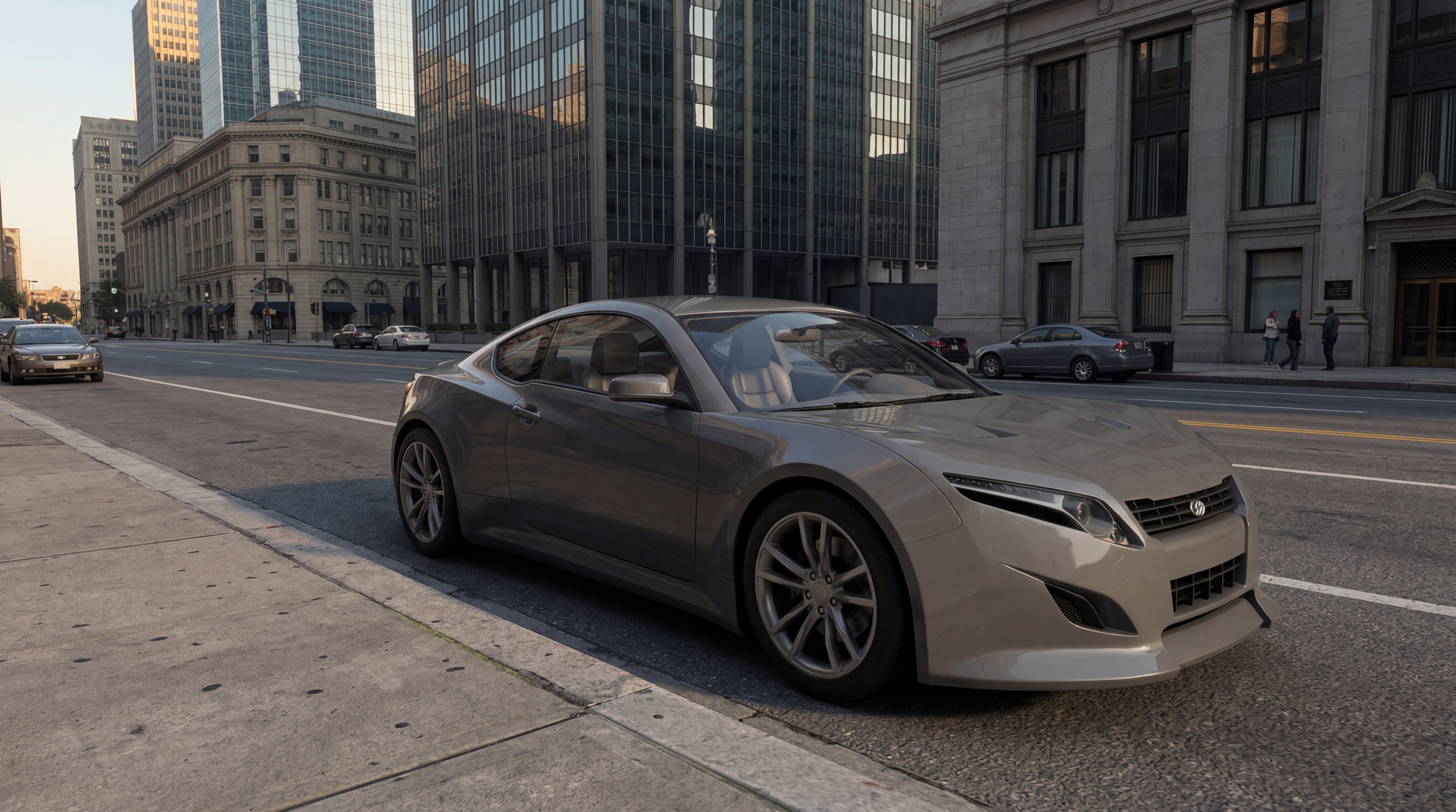 Sleek metallic gray sports coupe parked curbside on a sunlit downtown city street lined with skyscrapers