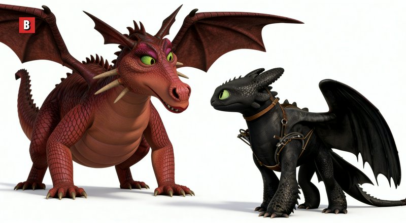 Red dragon and black dragon facing each other in a 3D-rendered scene.