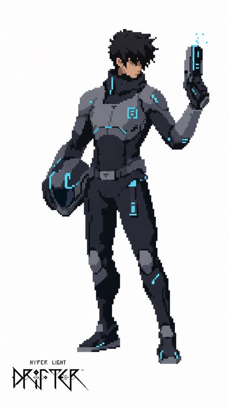 Hyper Light Drifter pixel art of a cybernetic sci-fi soldier in neon-accented armor holding a fut...