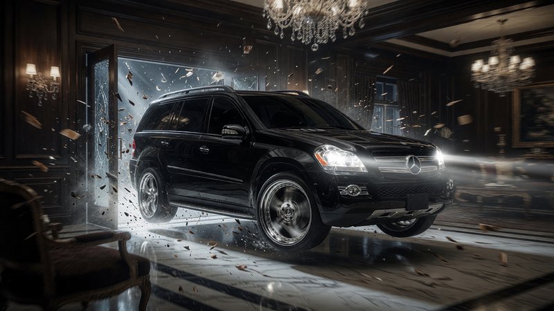 Glossy black Mercedes SUV suspended mid-air crashing through a luxury mansion entry with flying s...