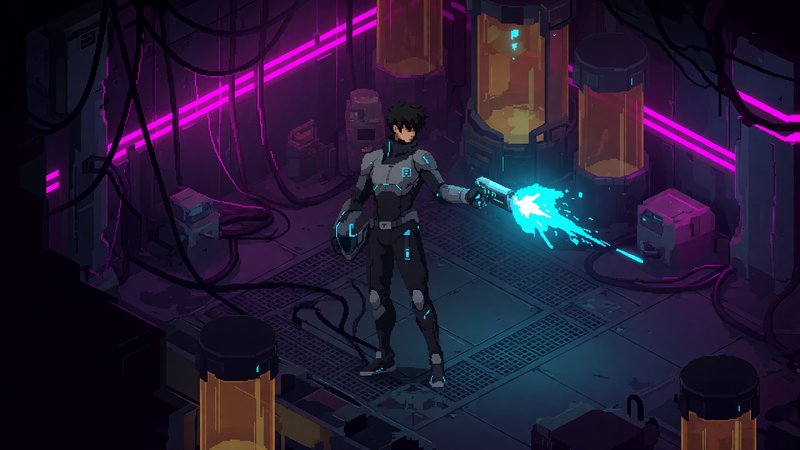 Isometric pixel art sci-fi soldier fires glowing cyan energy gun in a neon lit cyberpunk laboratory