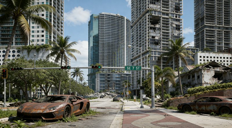 Post-apocalyptic abandoned SE 7 St Miami street with rusted cars, overgrown palm trees, and damag...