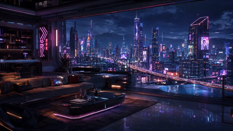 High-end cyberpunk penthouse interior overlooking a glowing neon futuristic city skyline after dark