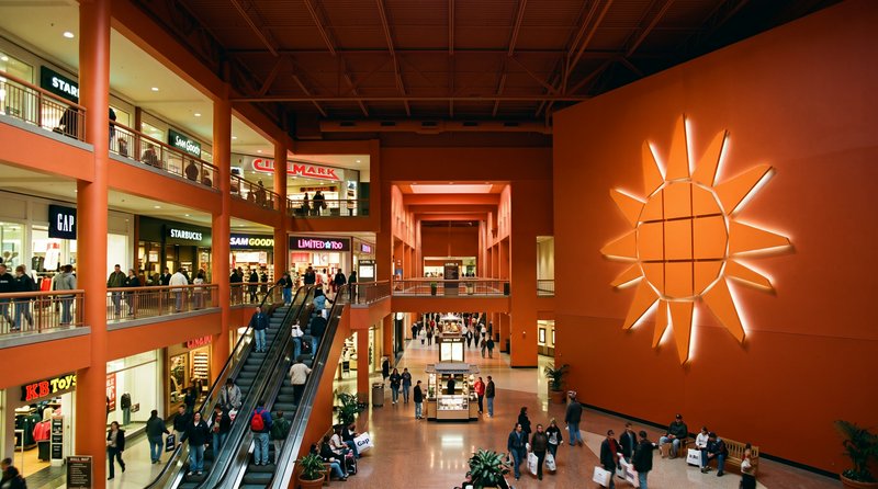 Multi-level terracotta orange indoor shopping mall with escalators, vintage retail storefronts, l...