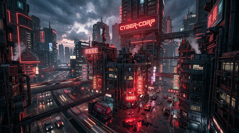 High angle view of dystopian cyberpunk city at stormy dusk, glowing red neon signs, elevated high...