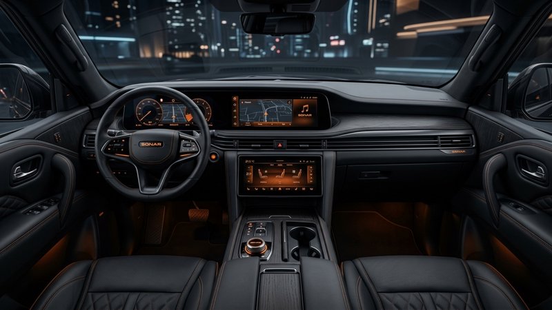 Luxury SUV interior with warm orange dashboard lighting overlooking a glowing night city skyline