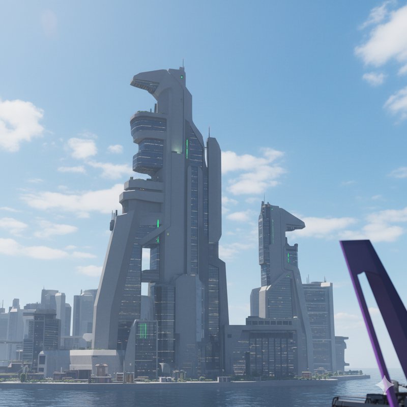 Angular futuristic sci-fi skyscrapers rise from a coastal island city under a bright partly cloudy sky