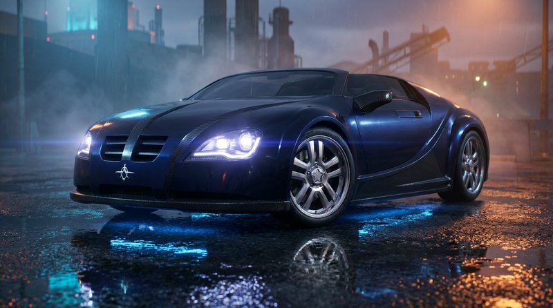 Glossy dark blue concept supercar parked on rain-slicked pavement in a foggy industrial district