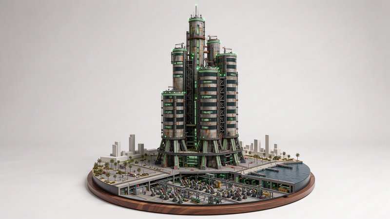 Detailed miniature diorama of a futuristic industrial skyscraper complex on a round wooden displa...