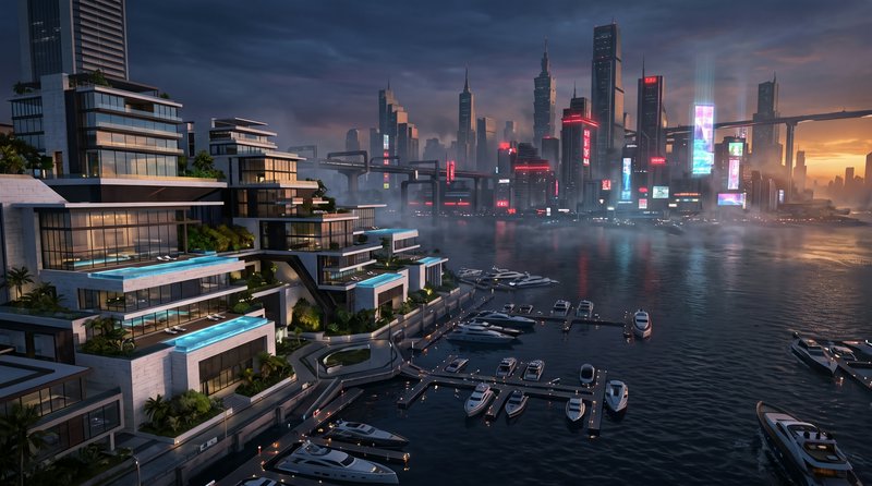 Futuristic luxury waterfront marina with modern villas and neon lit city skyline at dusk