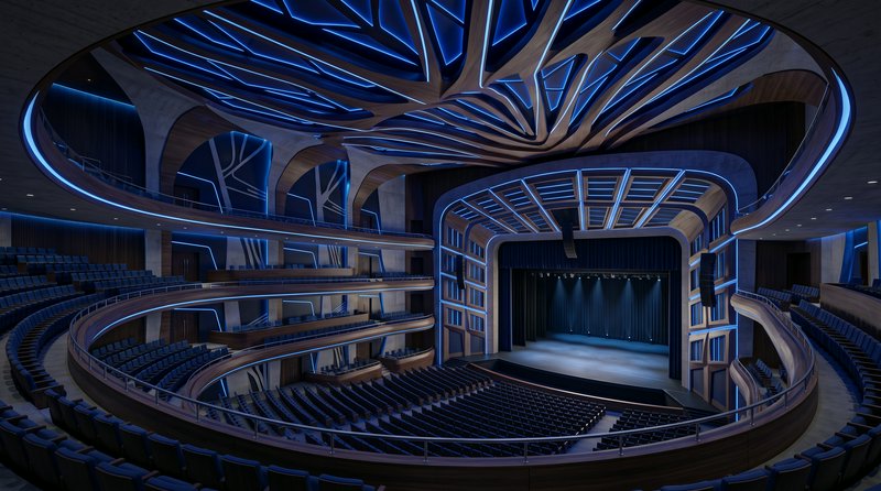 Empty futuristic theater with tiered curved balconies, glowing blue LED accents, and ornate organ...