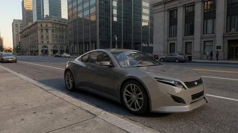 Sleek metallic gray sports coupe parked curbside on a sunlit downtown city street lined with skys...