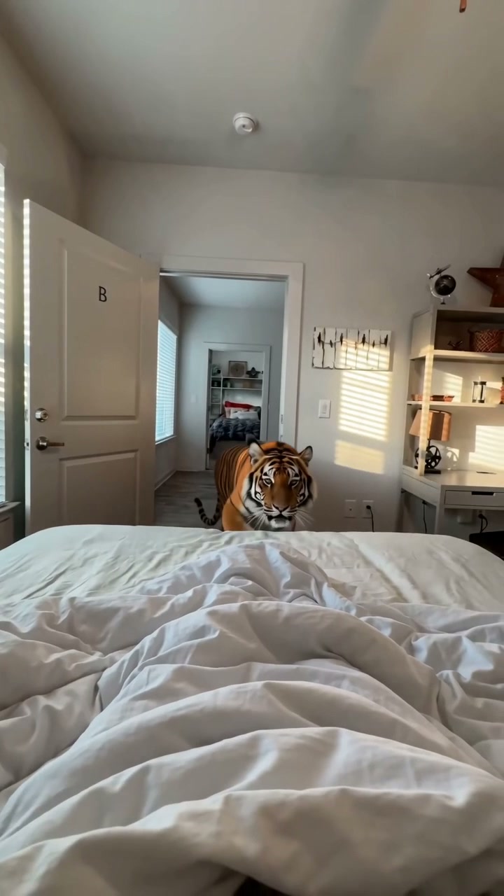 A tiger stands at the foot of a rumpled unmade bed staring directly at the camera in a bright res...