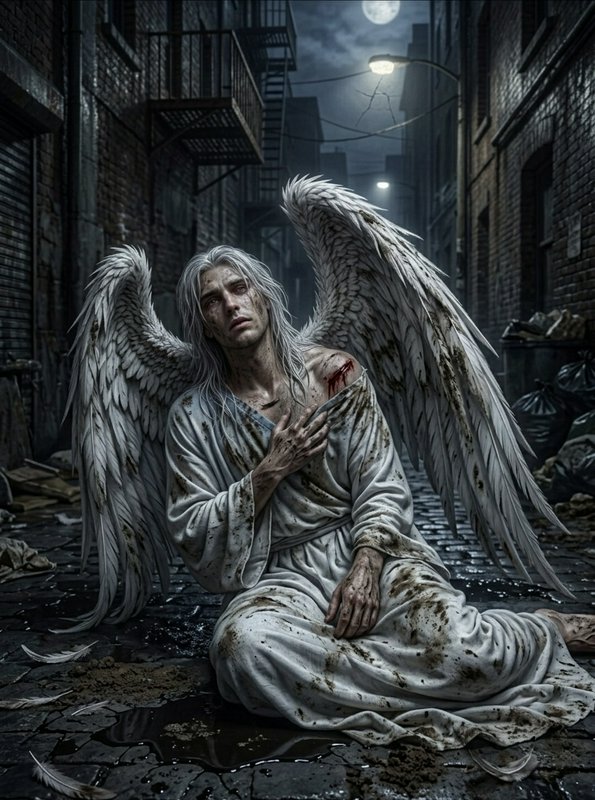 Hurt angel with white wings kneels in a dark urban alley at night.