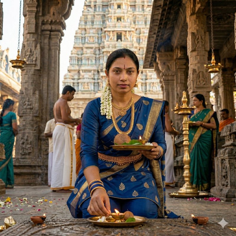 Indian woman in a blue saree performing a traditional lamp offering at a temple