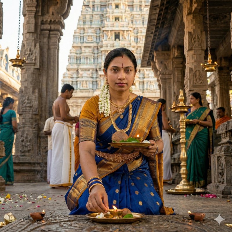 Woman in blue and gold saree performs a temple ritual with a diya lamp.