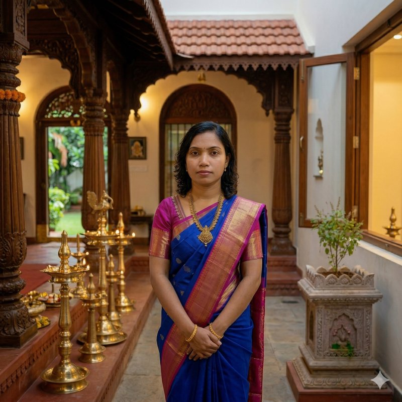 Woman in a blue and pink silk saree with gold jewelry in a traditional Indian temple courtyard.