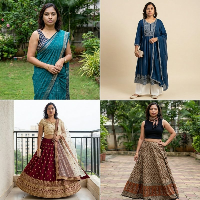 Four women modeling Indian outfits: teal saree, blue kurta set, maroon lehenga, and beige-toned l...