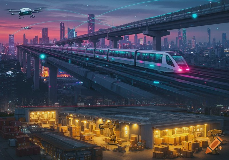 Futuristic city with an elevated maglev train above a busy cargo hub at dusk.
