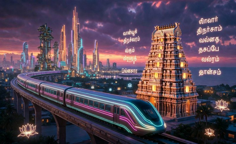 Futuristic high-speed train on an elevated track beside a glowing temple and neon city skyline.