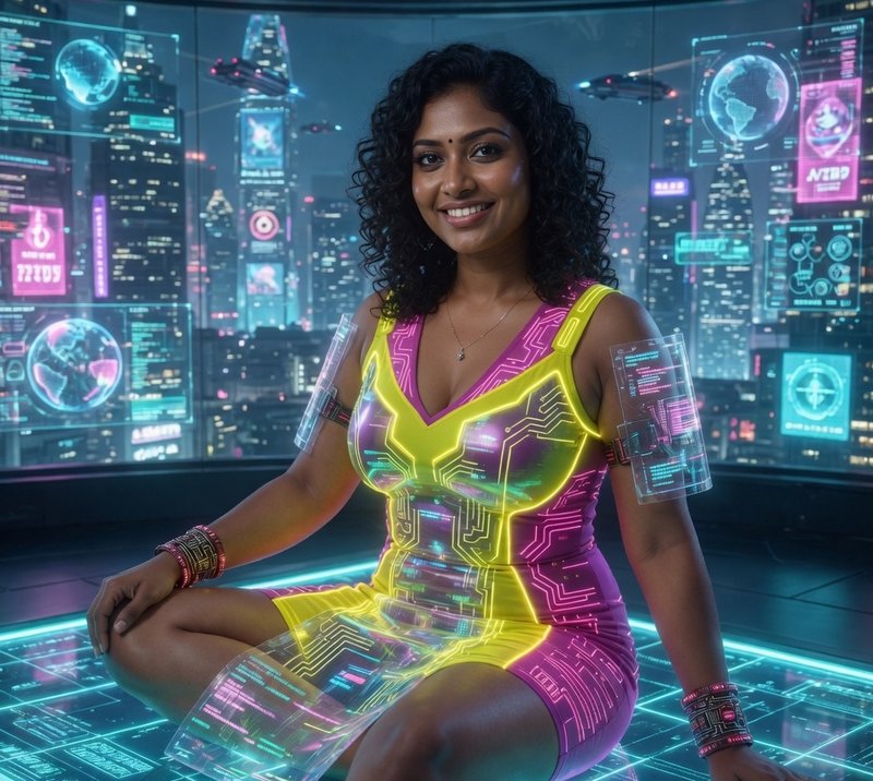 Woman in neon-lit cyberpunk dress seated in a high-tech holo-lab with glowing screens.