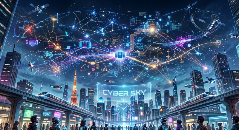 Futuristic cyberpunk cityscape with neon lights, digital networks, and a crowded sky of holograph...