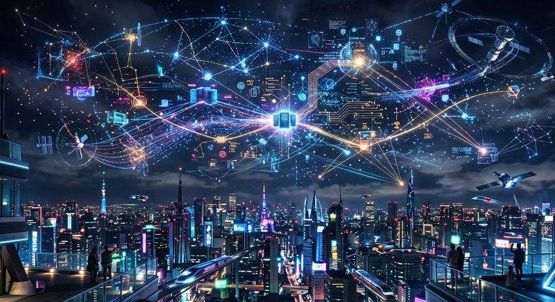 Futuristic city skyline at night with glowing neural networks and data streams overhead