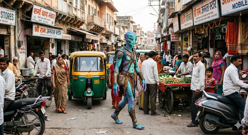 Blue-skinned cosplayer in futuristic armor walks through a busy Indian street market.