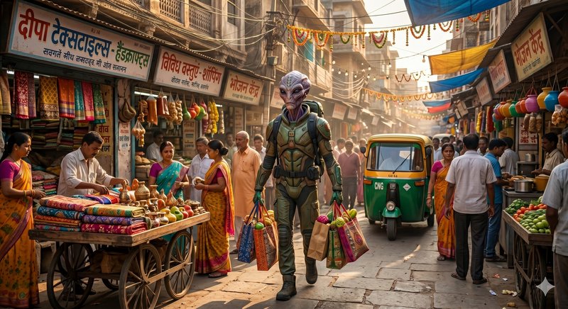 Alien armored humanoid walking through a busy Indian street market with shopping bags.