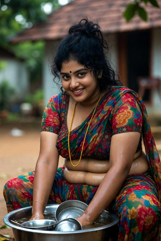 Young Indian woman in a colorful sari washing dishes in a metal tub outdoors.