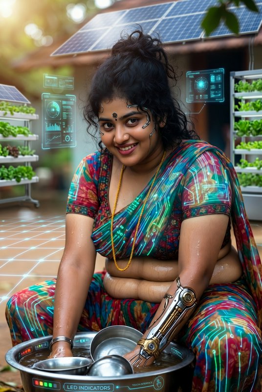 Indian woman with a robotic prosthetic arm washing utensils in a solar-powered greenhouse with fu...