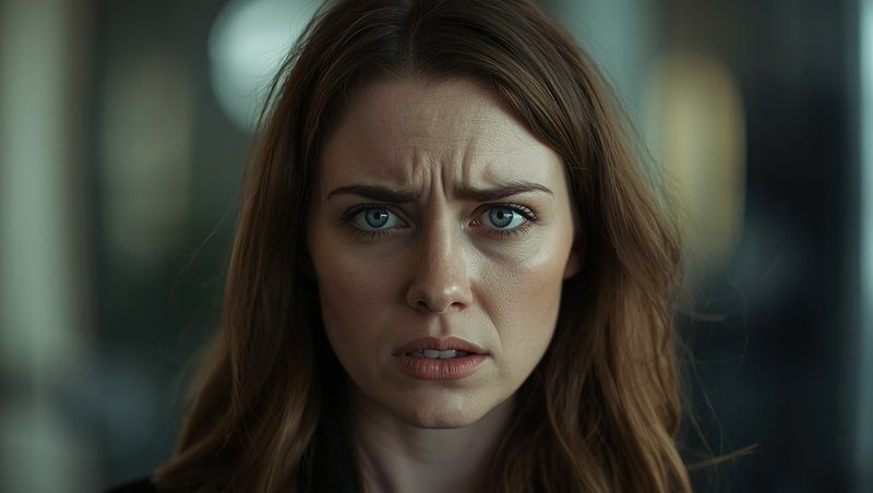 Close-up of a worried woman with a furrowed brow and tense expression.