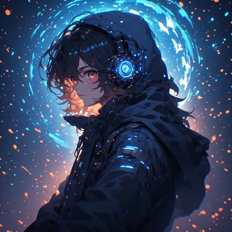 Anime-style character in a hooded jacket with glowing blue headphones and a neon energy ring behind them.