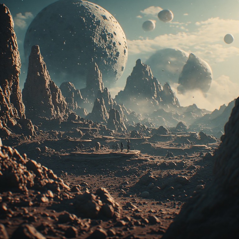 A surreal alien landscape with jagged rock spires, a giant cratered moon and distant planets in a hazy sky.