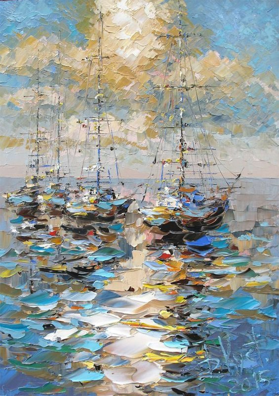 Impressionist harbor scene with colorful sailboats on calm water and thick textured brushstrokes.