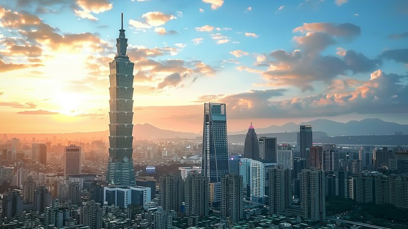 Sunset over Taipei skyline with Taipei 101 towering above a dense urban core.