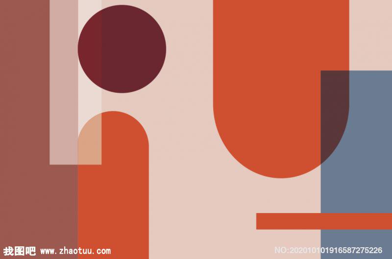 Abstract geometric composition with overlapping shapes in brown, terracotta, peach, and blue tones.