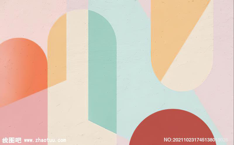 Abstract geometric shapes in pastel colors with arches, circles and blocks on a light pink backgr...