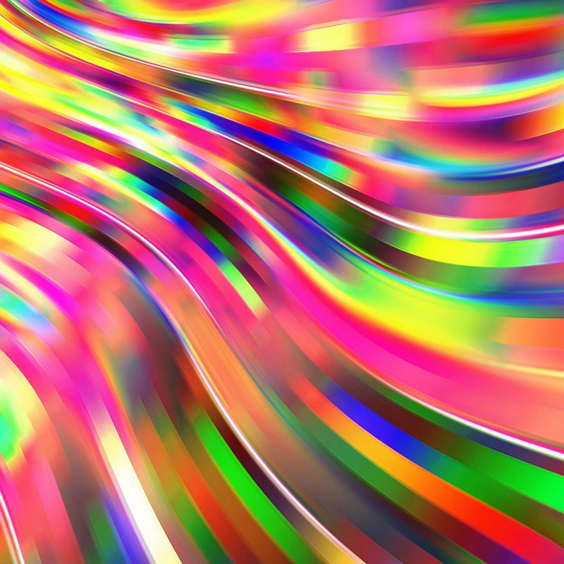 Abstract swirl of neon rainbow ribbons in vibrant curved streaks