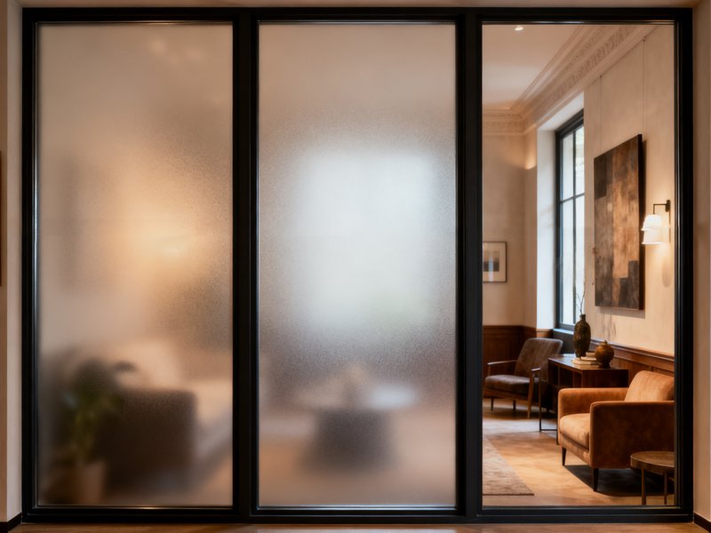 Frosted glass partition revealing a warm, modern lounge with leather seating and artwork.