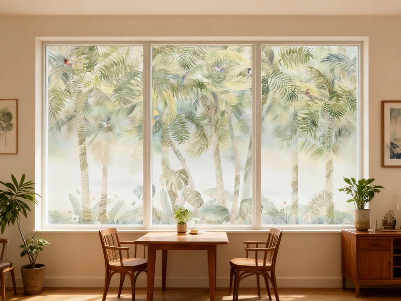 Wide window mural of tropical palm trees inside a sunlit dining nook.
