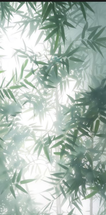 Sunlit bamboo leaves silhouetted against a bright, soft green sky.