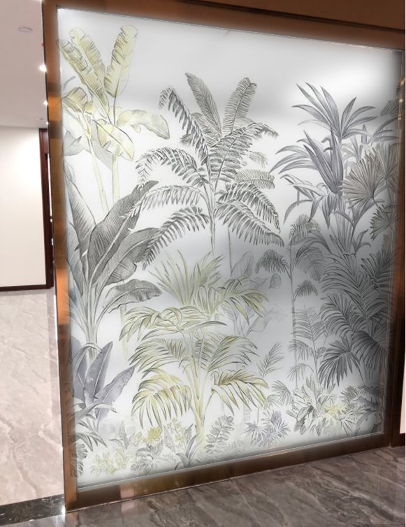 Frosted glass door panel with a grayscale tropical plant illustration and subtle yellow highlights.