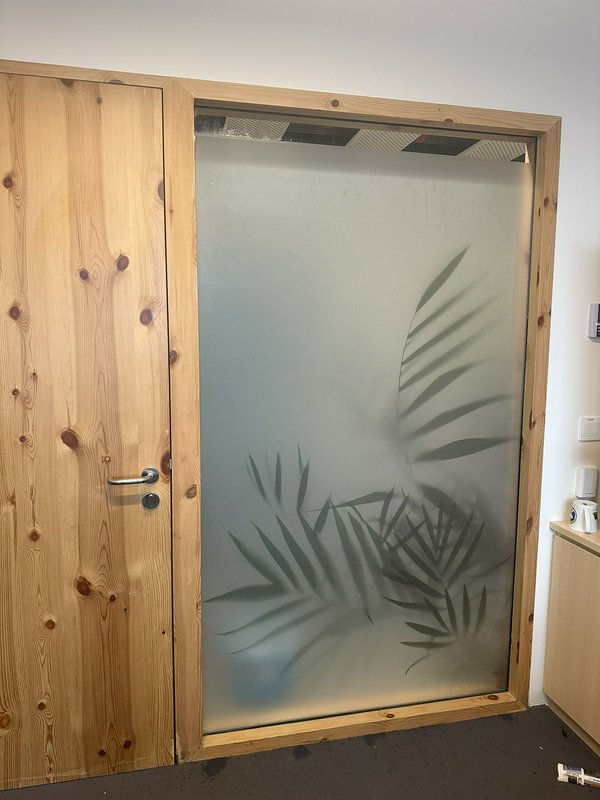 Frosted glass door with palm leaf botanical design framed by natural wood.