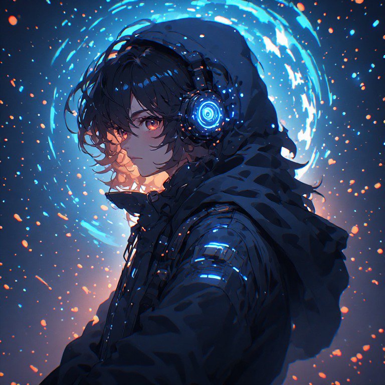 Anime-style character in a hooded jacket with glowing blue headphones and a neon energy ring behi...
