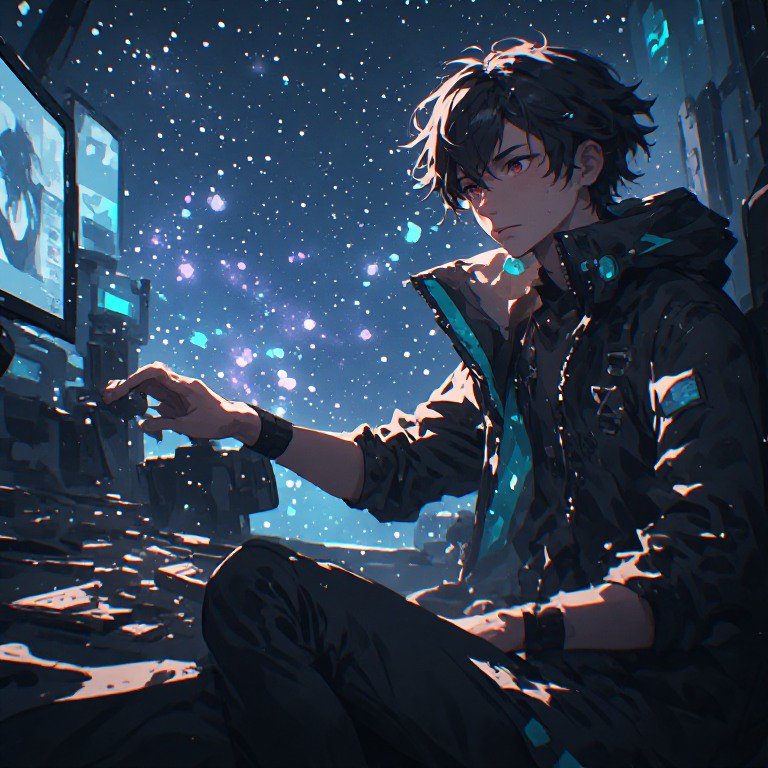 Anime-style male character in a dark jacket sits in a futuristic, neon-lit city at night with a s...