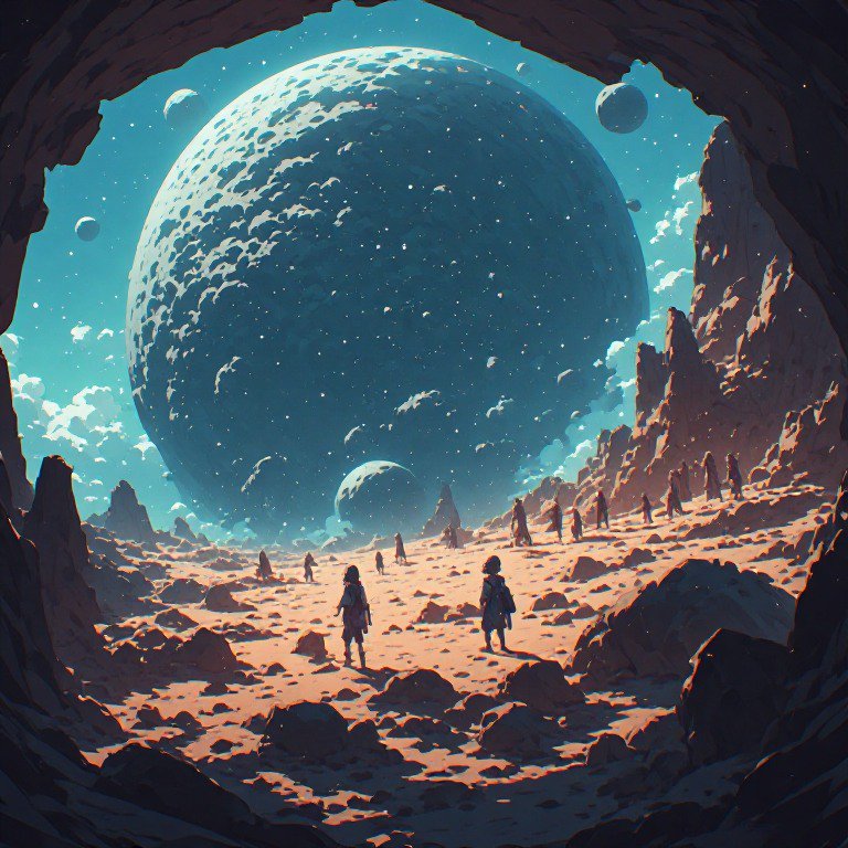 Astronauts explore a rocky alien landscape beneath a giant turquoise planet seen from a cave.